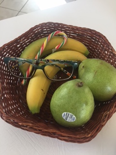 at least I got new glasses this fall that stay on my face.  They are nestled in the fruit bowl we received as a gift from our neighbor. 